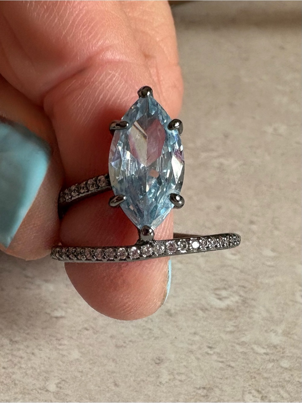 Hematite blue stone Ring with Pave Band
